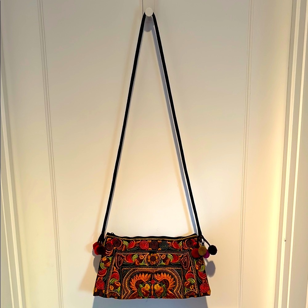 Sam Well embroidered zippered shoulder bag with pompoms